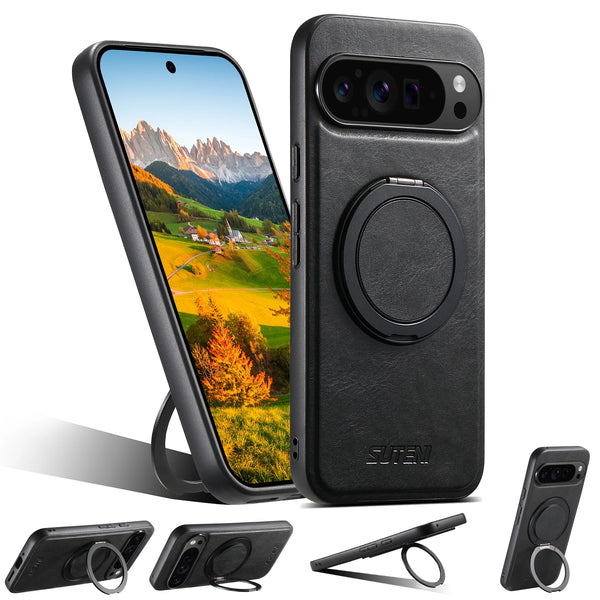 SUTENI PU Leather Oil Wax Compatible Wireless Charging Phone Case 360° Rotating Stand Buckle For Google Pixel 9XL 8Pro 7A 6
