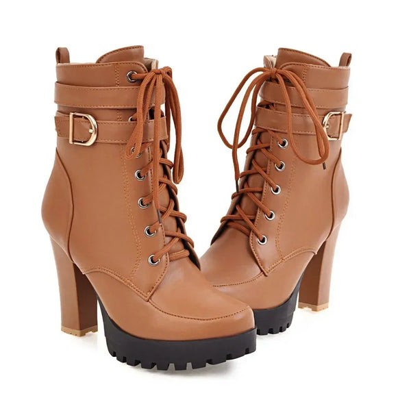 High Heels Women Ankle Boots Lace Up Fall Winter Platform Ladies Boots Large Size Fashion Shoes White Black Brown 2024