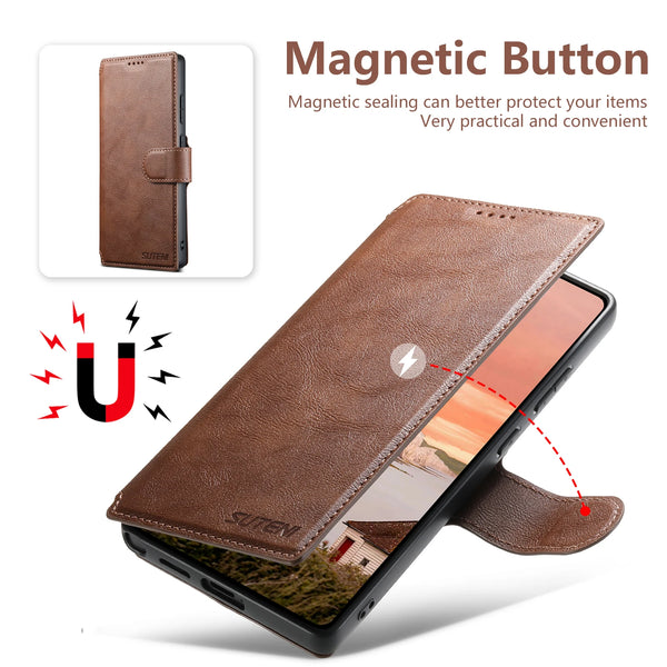 SUTENI PU Leather Wireless Charging Card Holder Stand Wallet Magnetic Flip Cover Phone Case For Samsung Galaxy S25 Ultra S24 S23