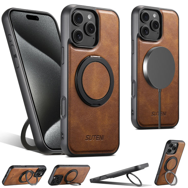 Strong Magnetic Compatible MagSafe Wireless Charging 360° Rotating Ring Stand PU Leather Phone Case For iPhone 17 16 15 14 13 12