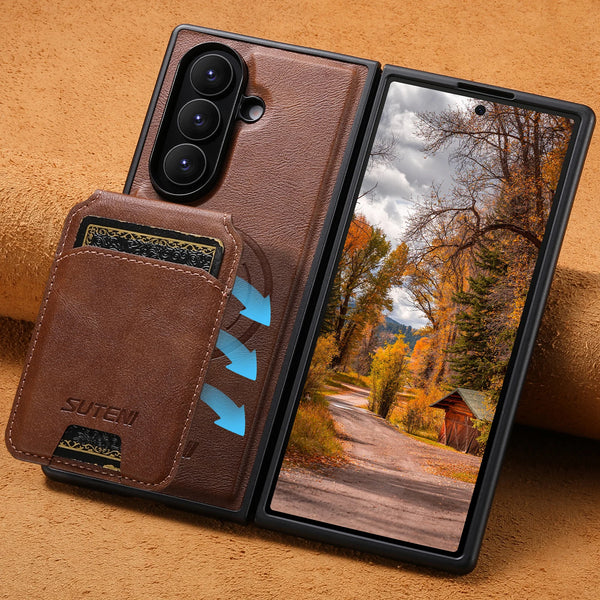 SUTENI Wireless Charging Magnet Faux Leather Phone Case Card Holder Stand Smooth Surface Wallet 2-in-1 For Samsung Z Fold 7 6