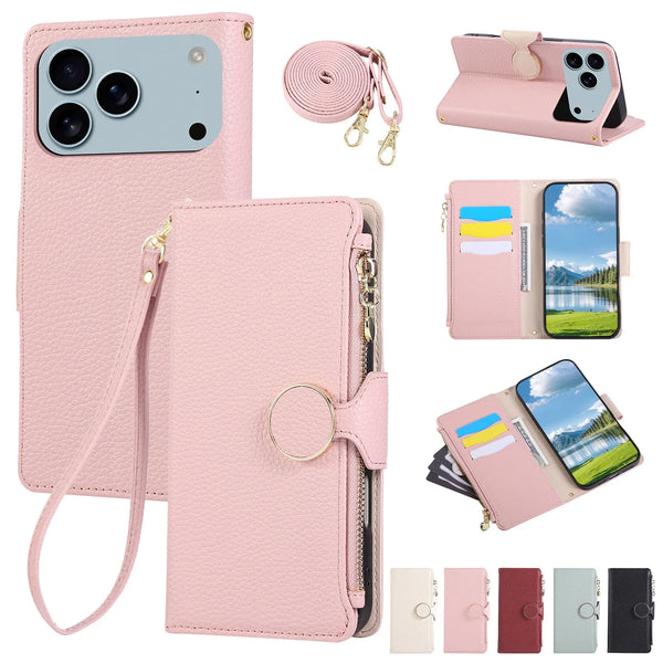 Lanyard Zipper Leather Wallet Case for Iphone 17 Promax Air 16 Pro Max 15 Plus 14 13 12 Kickstand Card Slots Holder Phone Cover