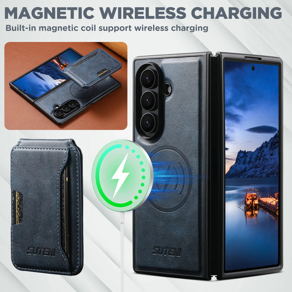 SUTENI Magnet Wireless Charging Luxury Faux Leather Phone Case Card Holder Stand For Samsung Galaxy Z Fold 7 6