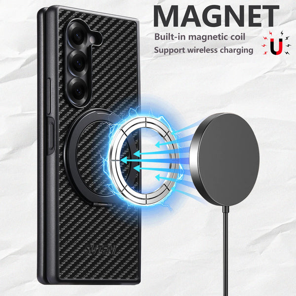 SUTENI Mobile Phone Case Magnet Wireless Charging 360° Rotating Stand Faux Leather Ring Buckle For Samsung Galaxy Z Fold 7 6 5