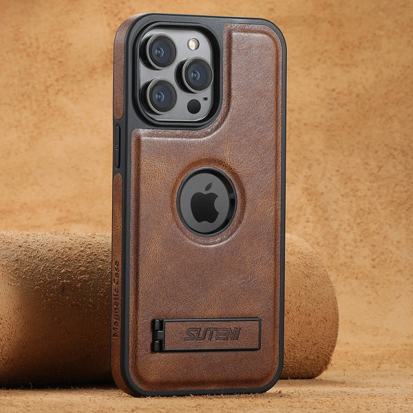 SUTENI Luxury Faux Leather MagSafe Magnetic Wireless Charging Case Stand Phone Case For iPhone 17 Pro Max 16 Plus 15 14 13 12