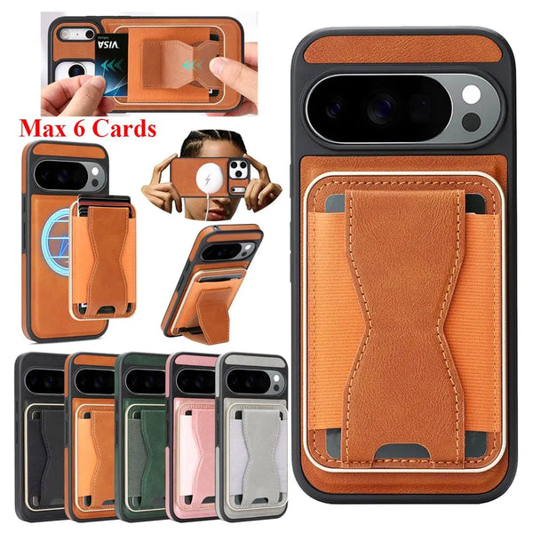 2 in 1 Leather Case For Google Pixel 9 9A 9Pro 10 Pro 10Pro XL Wireless Charging Cards Slots Holder Kickstand Phone Cover