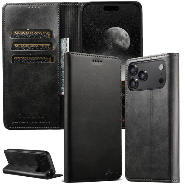 SUTENI brand Calfskin Magnetic Flip Leather Case for iPhone 17 Pro Max 13 14 Pro 15 Plus 16E 17 Air Book Folio Slim Wallet Case