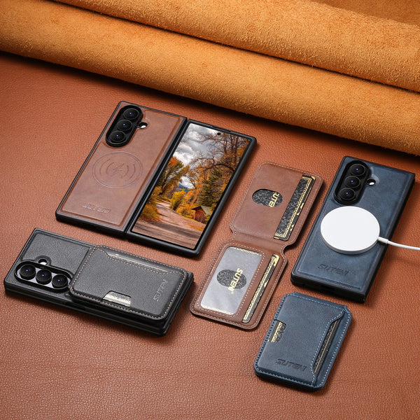 SUTENI Magnet Wireless Charging Luxury Faux Leather Phone Case Card Holder Stand For Samsung Galaxy Z Fold 7 6