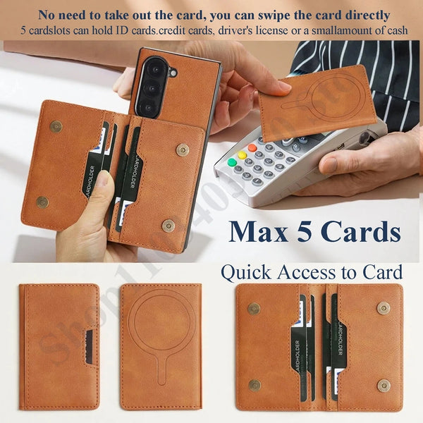 2 in 1 Leather Case for Samsung Galaxy Z Fold 7 6 5 4 3 Fold7 Fold6 Fold5 Fold4 Fold3 Card Slots Wireless Charger Phone Cover