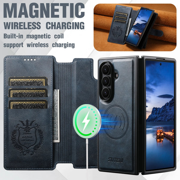 SUTENI Faux Leather Wireless Charging Card Holder Stand Wallet Magnetic Flip Cover Phone Case For Samsung Galaxy Z Fold 7 6