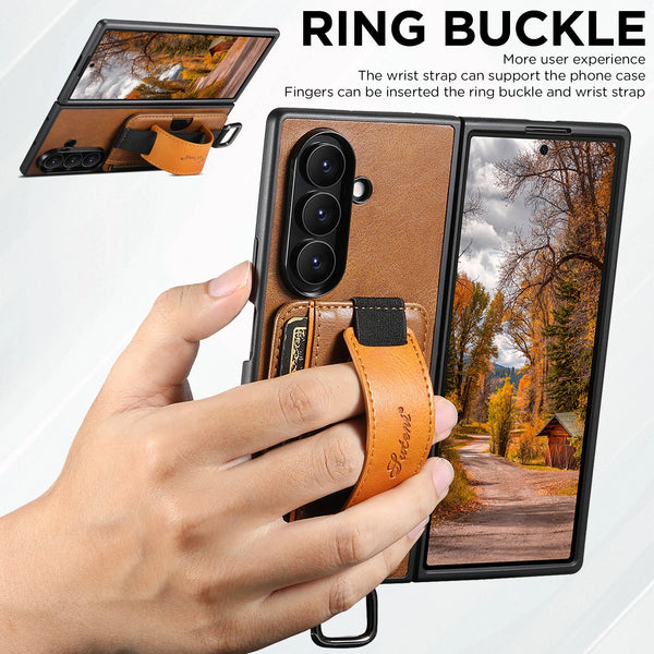 SUTENI Phone Case Wrist Strap Ring Buckle Faux Leather Card Holder Stand For Samsung Galaxy Z Fold 7 6 5