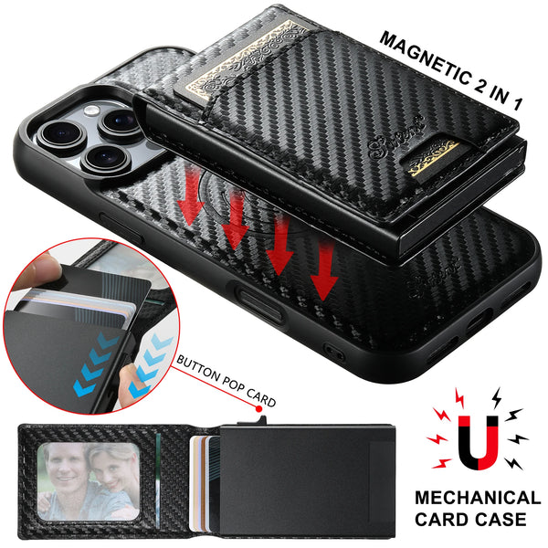 Carbon Fiber Leather 2-in-1 Magnetic Phone Case Card Holder Wallet MagSafe Wireless Charging for iPhone 17 Pro Max 16 Plus 15 14