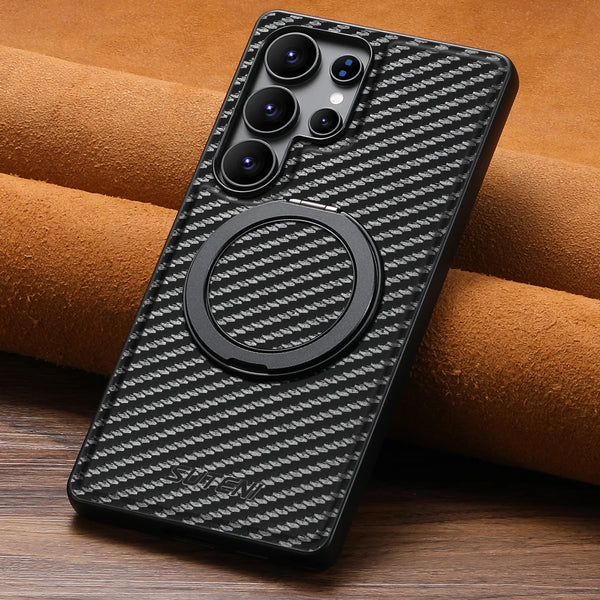 Suteni Mobile Phone Case Wireless Charging 360° Rotating Stand Faux Leather Ring Buckle For Samsung S26 Ultra S25 S24 S23 S22