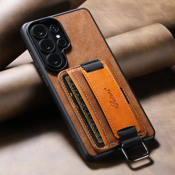 SUTENI Phone Case Wrist Strap Ring Buckle Faux Leather Card Holder Stand For Samsung Galaxy S26 Ultra S25 Plus S24 S23