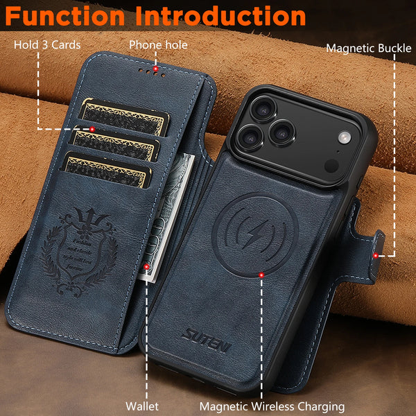 SUTENI Faux Leather Wireless Charging Card Holder Stand Wallet Magnetic Flip Cover Phone Case For iPhone 17 Pro Max 16 Plus 15