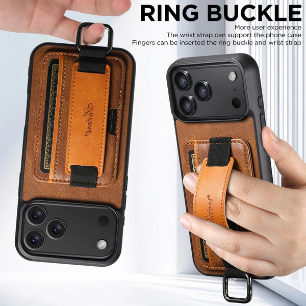 SUTENI Phone Case Wrist Strap Ring Buckle Faux Leather Card Holder Stand For iPhone 17 Pro Max 16 Plus 15 14 13 12