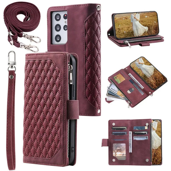 Long Lanyard Zipper Wallet Cards Phone Case for Samsung Galaxy Note 20 Ultra S26 Plus S25 FE S24 S23 S22 S21 Flip Leather Cover