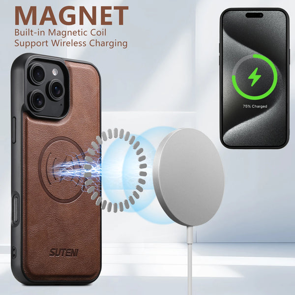 SUTENI Frosted Feel Faux Leather Magnet Wireless Charging Phone Case For iPhone 17 Pro Max 16 Plus 15 14 Pro 13 12
