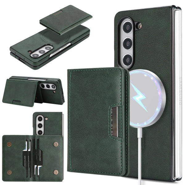 2 In 1 Magnetic Case For Samsung Galaxy Z Fold 7 6 5 4 3 Fold7 Fold6 Cards Slots Holder Kickstand Wireless Charging Phone Cover