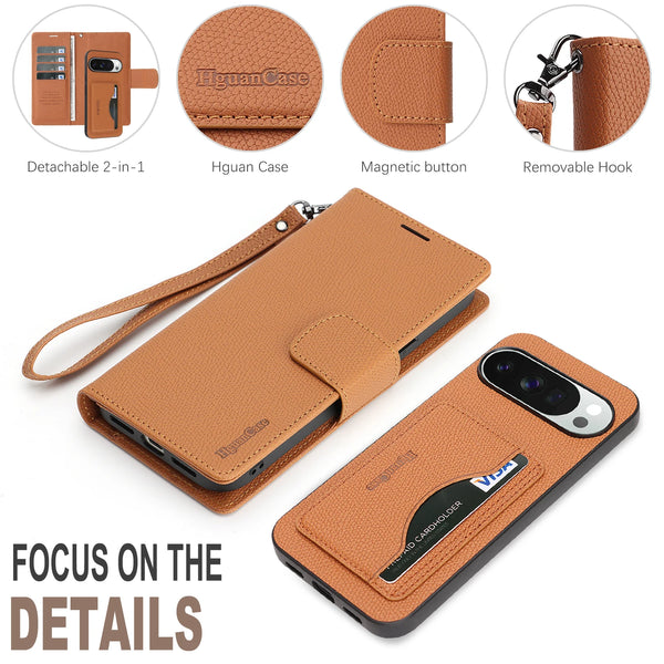 2 in 1 Leather Wallet Case for Google Pixel 10 10Pro 10A 9 9Pro 9A Pro XL ProXL Cash Card Slots Phone Cover WIth Hand Strap