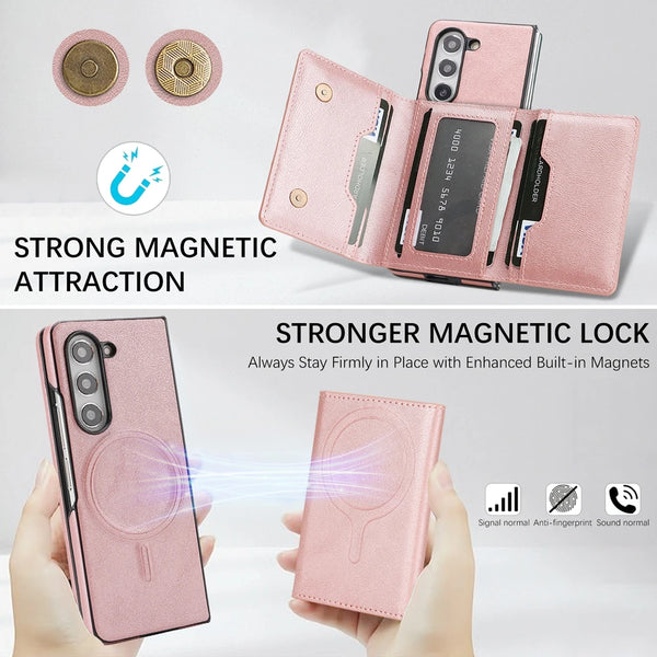 2 in 1 Leather Case for Samsung Galaxy Z Fold 7 6 5 4 3 Fold7 Magnetic Wireless Charging 7 Card Slots Kickstand Phone Cover