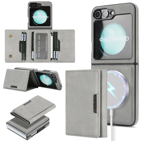 2 in 1 Leather Magnetic Case for Samsung Galaxy Z Flip 7 6 5 4 3 Kickstand 7 Cards Slots Holder Wireless Charging Phone Cover