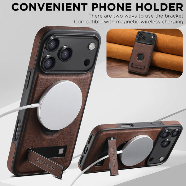 SUTENI Luxury Faux Leather Phone Case Frosted Feel Stand Magnet Wireless Charging For iPhone 17 Pro Max 16 Plus 15 14 13 12