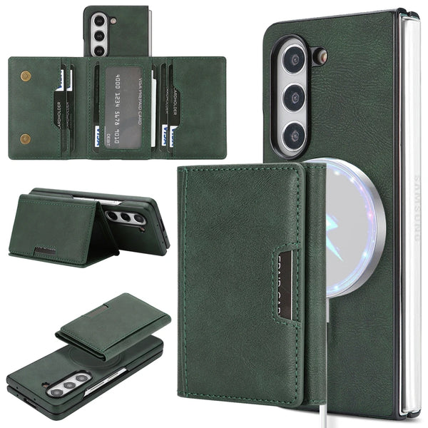 2 in 1 Leather Case for Samsung Galaxy Z Fold 7 6 5 4 3 Fold7 Magnetic Wireless Charging 7 Card Slots Kickstand Phone Cover