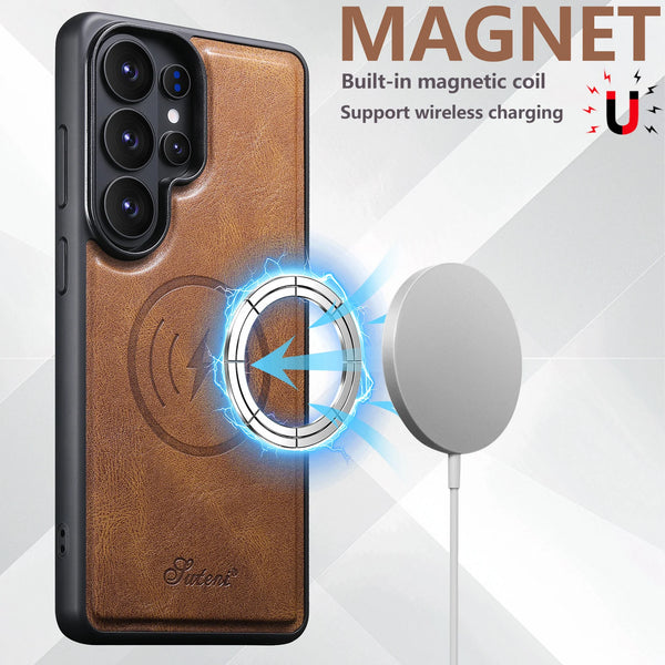 SUTENI Luxury Faux Leather Oil Wax Phone Case Magnet Wireless Charging For Samsung Galaxy S26 Ultra S25 Plus S24 S23+