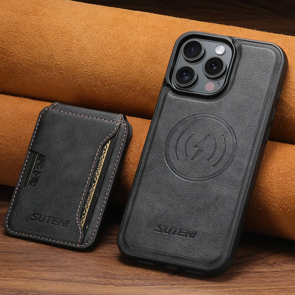 SUTENI Magnet Wireless Charging Luxury Faux Leather Phone Case Card Holder Stand For iPhone 17 Pro Max 16 Plus 15 14 13 12
