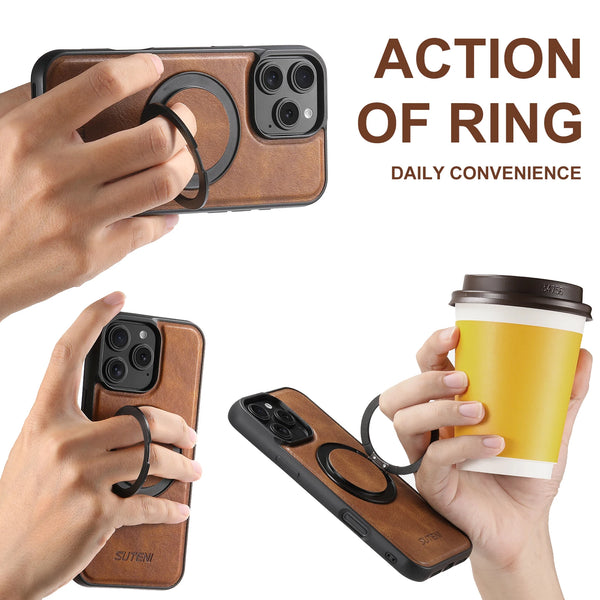 Strong Magnetic Compatible MagSafe Wireless Charging 360° Rotating Ring Stand PU Leather Phone Case For iPhone 17 16 15 14 13 12