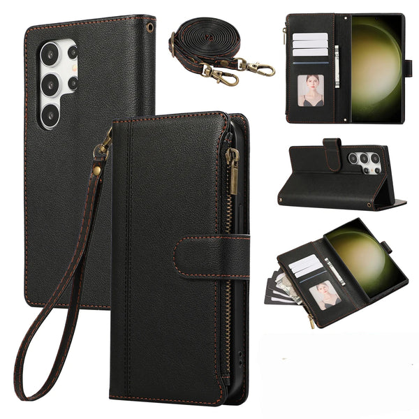 Crossbody Leather Case for Samsung Galaxy S25 Ultra Edge S24 Plus 23 FE S22 S25U S24U S25Fe Card Slots Holder Wallet Phone Cover