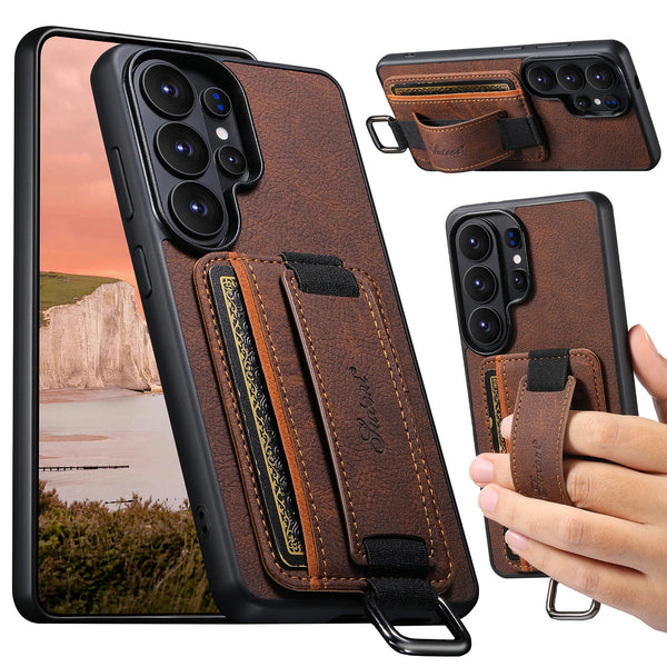 SUTENI Faux Leather Phone Case Wrist Strap Ring Buckle Card Holder Stand For Samsung Galaxy S26 Ultra S25 Plus S24 S23