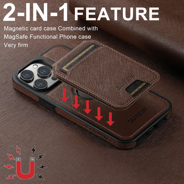 Suteni 2-in-1 Magnetic MagSafe Wireless Charging Case Bracket Card Holder Leather Phone Case for iPhone 16 Pro Max 15 Plus 14 13