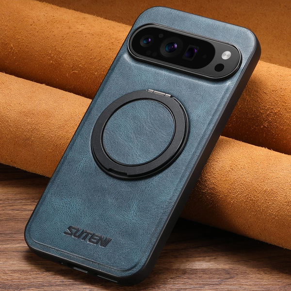 SUTENI PU Leather Oil Wax Compatible Wireless Charging Phone Case 360° Rotating Stand Buckle For Google Pixel 9XL 8Pro 7A 6