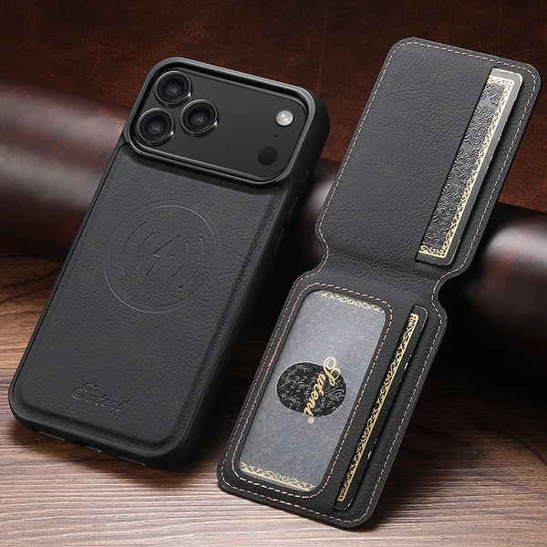 SUTENI Wireless Charging Phone Case Magnet Card Holder Stand Faux Leather For iPhone 17 Pro Max 16 Plus 15 14 13 12