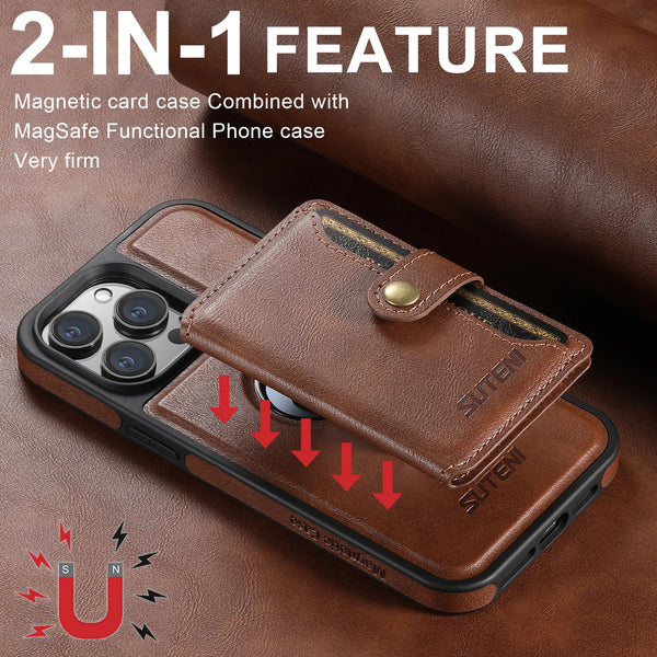 Wireless Charging Faux Leather Magnetic Button Card Holder Stand Phone Case Smooth Surface 2-in-1 Wallet For iPhone 17 ProMax 16