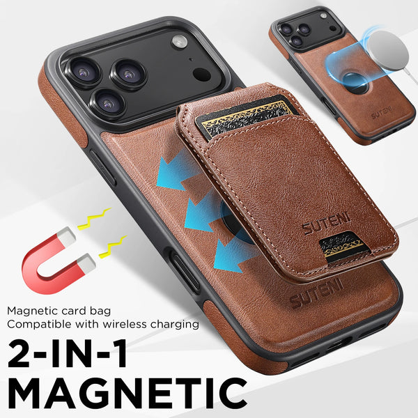 SUTENI Faux Leather Phone Case Wireless Charging Magnet Card Holder Stand Smooth Surface 2-in-1 For 17 Pro Max 16 Plus 15 14 13