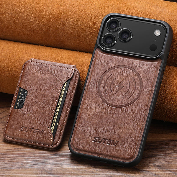 SUTENI 2in1 Magnet Wireless Charging Faux Leather Phone Case Card Holder Bag Stand For iPhone 17 Pro Max 16 Plus 15 14 13 12