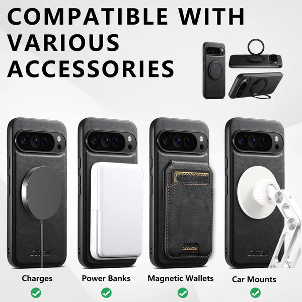 SUTENI PU Leather Oil Wax Compatible Wireless Charging Phone Case 360° Rotating Stand Buckle For Google Pixel 9XL 8Pro 7A 6