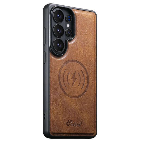 SUTENI Luxury Faux Leather Oil Wax Phone Case Magnet Wireless Charging For Samsung Galaxy S26 Ultra S25 Plus S24 S23+