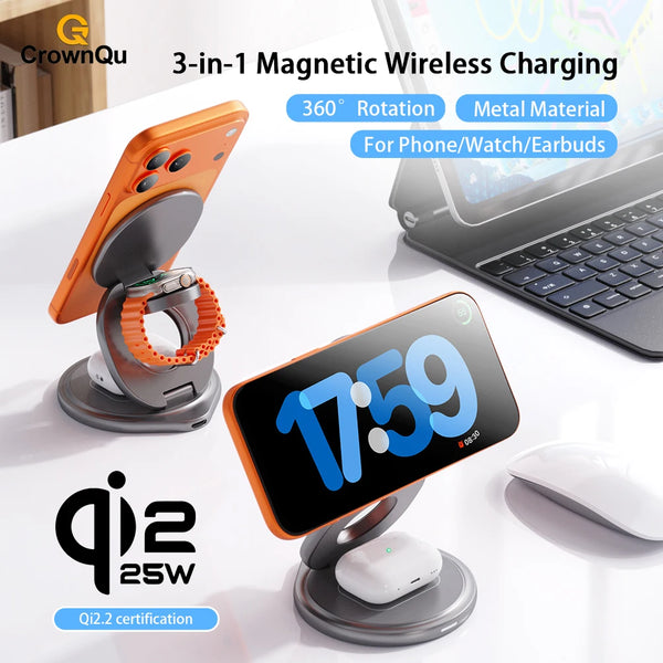 Qi2.2 3-in-1 Metal Magnetic Wireless Charger 25W Fast Charging Station 360° Rotation Foldable for iPhone 17 16 15 Watch Airpods