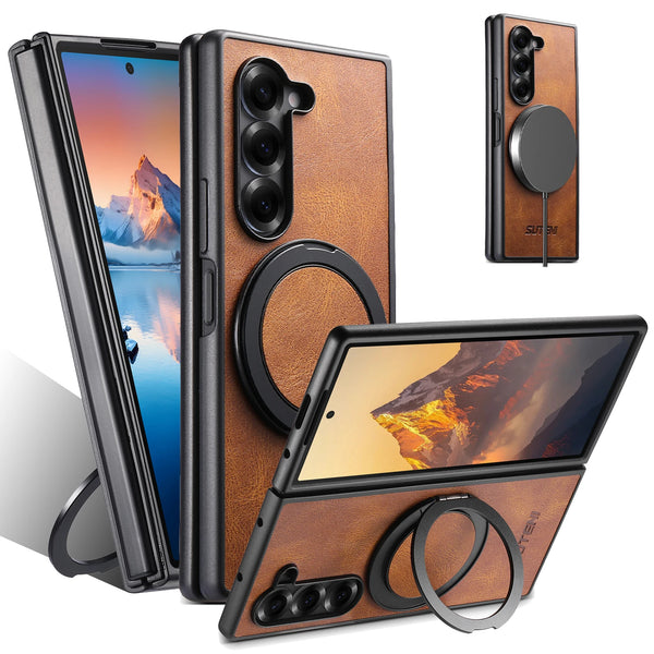 SUTENI Magnet Wireless Charging Phone Case Oil Wax Faux Leather 360° Rotating Stand Buckle For Samsung Galaxy Z Fold 7 6 5