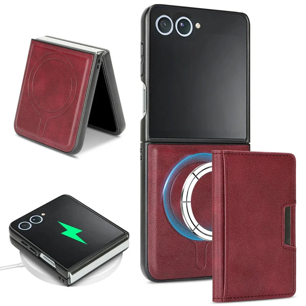 Leather Case For Samsung Galaxy Z Flip 7 6 5 4 3 Flip7 Flip6 Flip5 Wireless Charging 2 In 1 Magnetic Cards Bag Phone Cover