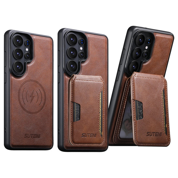 Magnet Wireless Charging Luxury Faux Leather Phone Case Card Holder Stand For Samsung Galaxy S26 Ultra S25 S24 S23 S22