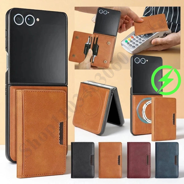 2 in 1 Leather Case For Samsung Galaxy Z Flip 7 6 5 4 3 Flip7 Fe Flip6 Flip5 Flip4 Flip3 Magnetic Wireless Charging Phone Cover
