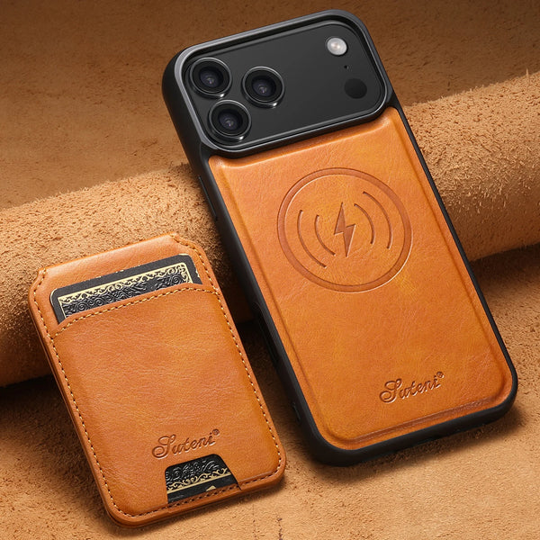 SUTENI Wireless Charging Faux Leather Magnet Card Holder Stand Picture Frame Phone Case For iPhone 17 Pro Max 16 Plus 15 14 13