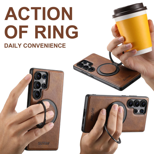 SUTENI Magnet Wireless Charging Phone Case Oil Wax Faux Leather 360° Rotating Stand Buckle For Samsung Galaxy S26Ultra S25 S24