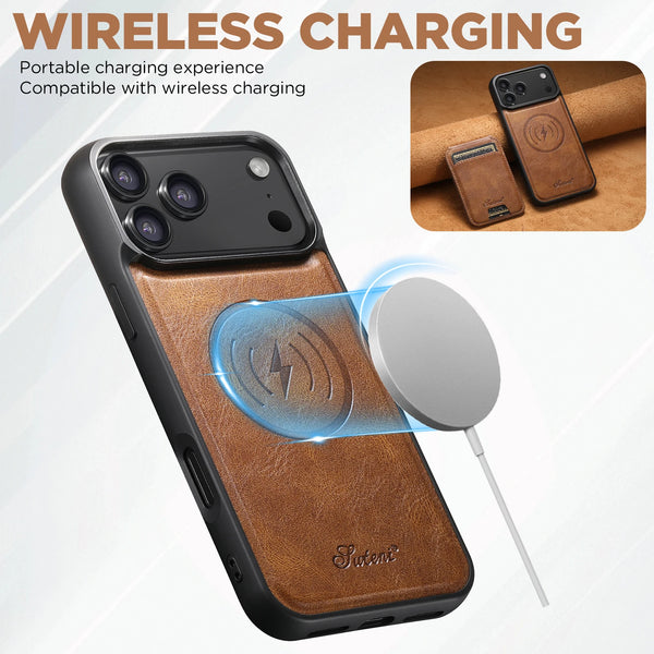 SUTENI Wireless Charging Faux Leather Magnet Card Holder Stand Picture Frame Phone Case For iPhone 17 Pro Max 16 Plus 15 14 13