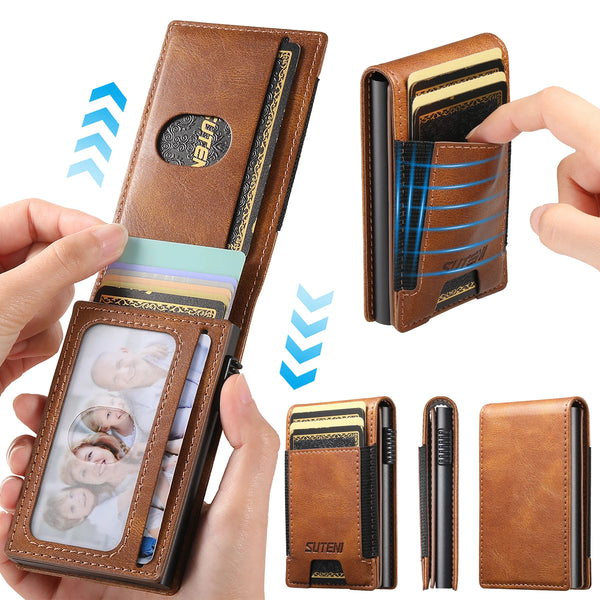 SUTENI Faux Leather For Men Wallet Card Slot Wallet Flip Cover Card Box Pressing The Button Automatically Ejects The Card
